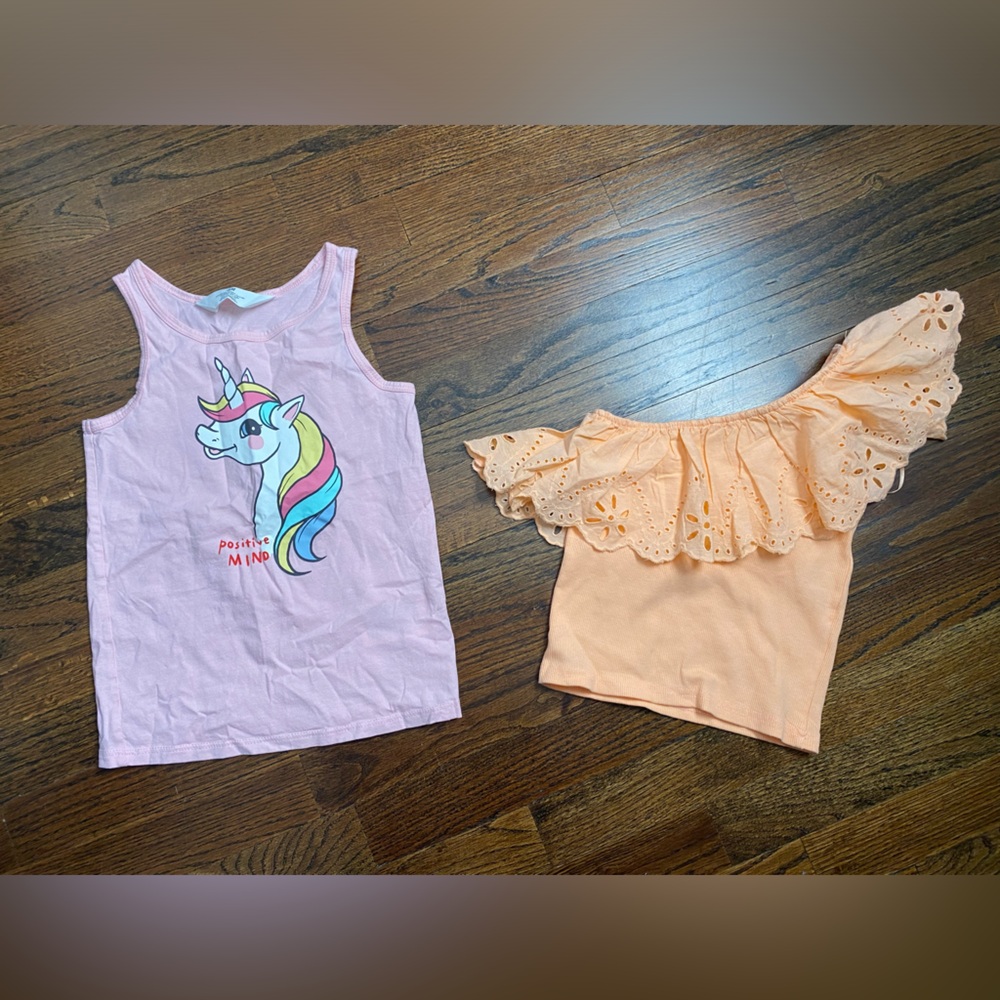 2pc girls size 6-7 sleeveless tops spring summer colorful unicorn lace crop top